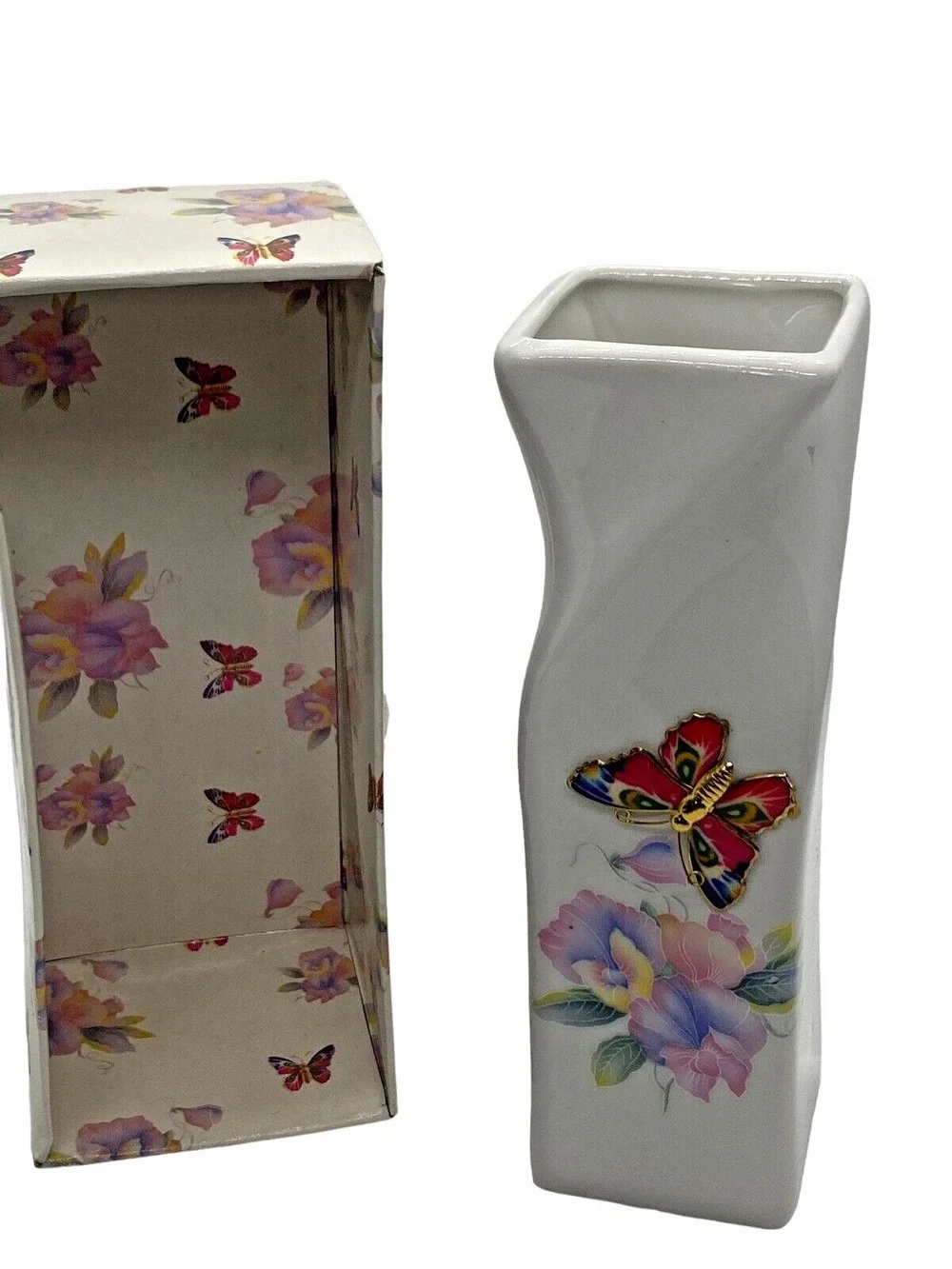Embossed Butterfly Meadow Ceramic Vase Square Style 6 1/4